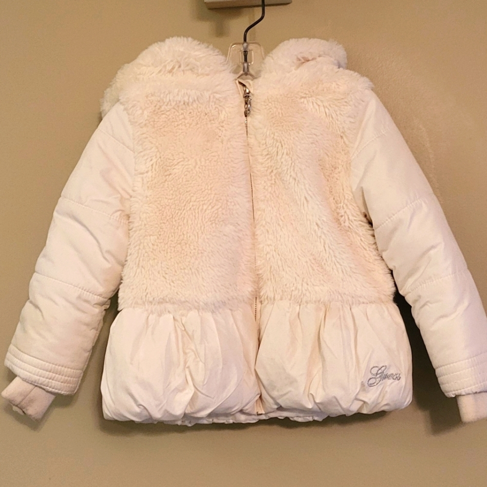 Guess cream puffer faux fur/nylon hooded jacket